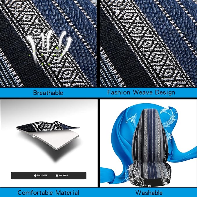 Baja Saddle Blanket Car Seat Covers 7PCS Full Set, Breathable and Washable Striped Woven Automotive Vehicle Seat Cover Universal for Sedan, SUV, Truck, Airbag Compatible
