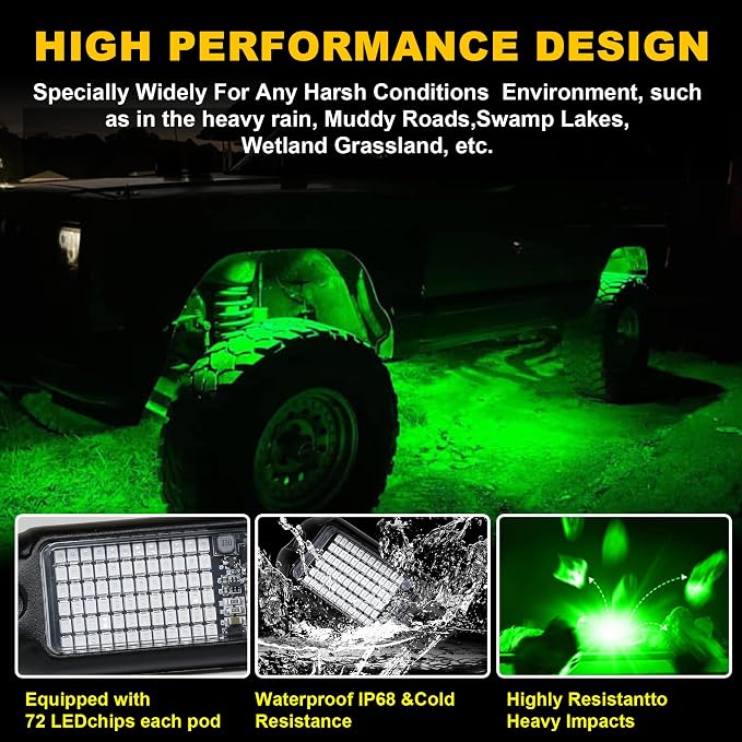 Nicoko 4Pods Pure Green LED Rock Lights 72w high Power Rock Lights Neon Underglow Light for Car Trucks ATV UTV SUV Boat Underbody Glow Trail Rig Light IP68 Waterproof