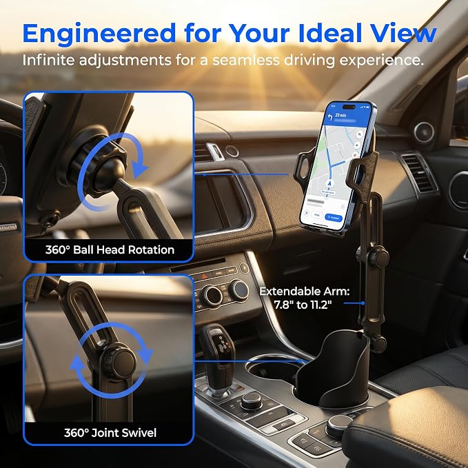 Cup Holder Phone Holder for Car, Long Arm with 360°Rotation Cell Phone Holder Mount for Car | Truck | Golf Cart Compatible with iPhone & Samsung & All Smartphones