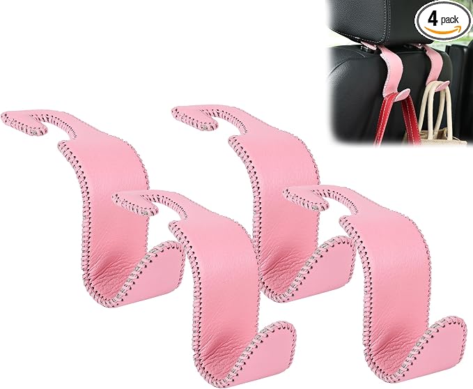 Amooca Car Seat Headrest Hook Universal Vehicle Storage Hanger Leather with Metal Car Seat Back Organizer for Handbag Purse Coat Pink 4 Pack