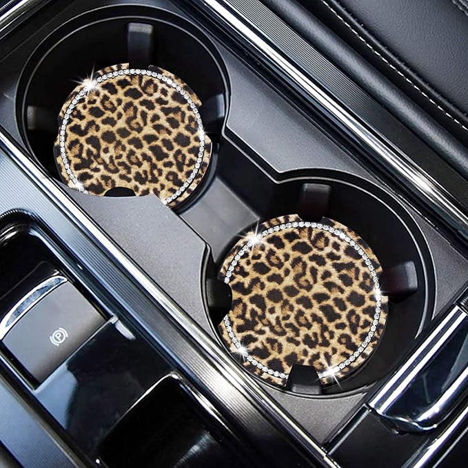 Leopard Car Coasters for Cup Holders, 4 Pack Silicone Cheetah Car Cup Holder Insert Coasters, 2.75" Universal Non-Slip Cup Holder Coaster, Car Interior Accessories for Women (Yellow)