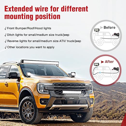 Nilight 2 PCS 14 AWG 10 Feet Wiring Harness Extension Kit for LED Light Bar Pods Work Off Road Auxiliary Ditch A-Pillar Lights Driving Fog Boat Lighting