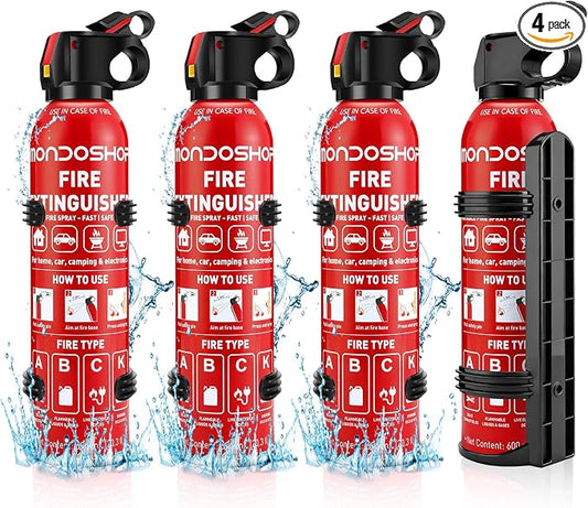 Fire Extinguisher for Home and Vehicle - Mondoshop 4-Pack Water-Based Portable Fire Extinguisher with Mount for A, B, C, K Fire, Suitable for Vehicle, Kitchen, Home, Car, Boat, Camping, Business