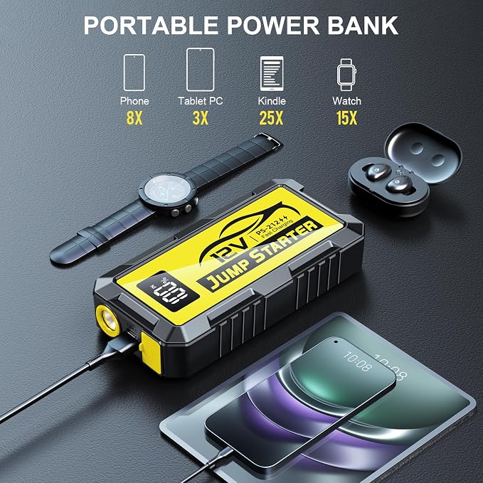 8000A Car Jump Starter, 12V Jump Starter Battery Pack (All Gas,up to 10.0L Diesel Engine) Jumper Cables Portable Lithium Jump Box, USB Output and LED Light