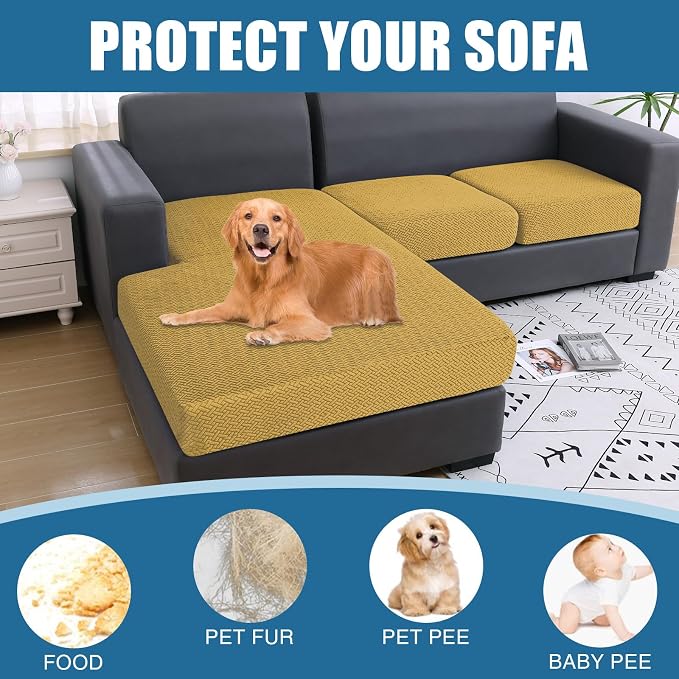 Smiry Waterproof Couch Cushion Covers, Stretch Jacquard Sectional Couch Covers, L Shape Chaise Lounge Sofa Slipcover, Washable Elastic Furniture Protector for Pets, Kid (Chaise Cover, Ginder Yellow)