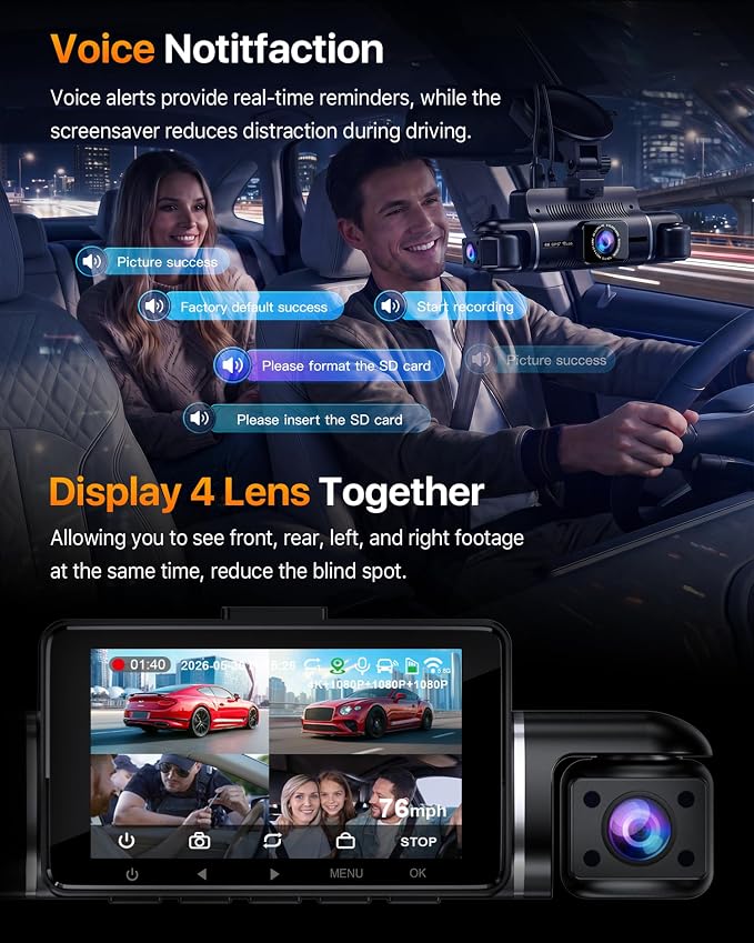 Icesky S03 4K Dash Cam Front Rear Inside Left Right with GPS, Free 128GB SD Card, 5.8GHz WiFi 6 (Up to 20MB/s Download), 4 Channel 360° Dash Camera for Cars, G-Sensor 8 IR Light, Parking Mode, Black