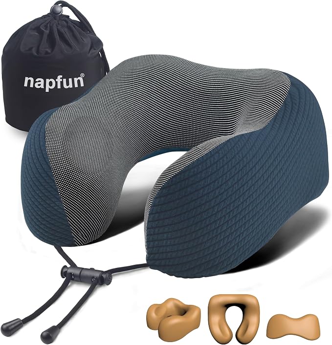 napfun Neck Pillow for Traveling, Upgraded Travel Neck Pillow for Airplane 100% Pure Memory Foam Travel Pillow for Flight Headrest Sleep, Portable Plane Accessories, Deep Blue