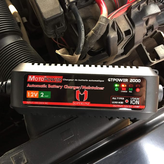 MOTOPOWER MP00207A 12V 2Amp Automatic Battery Charger Maintainer | For Lead-Acid & Lithium Batteries