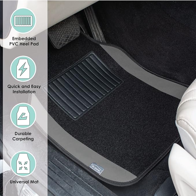 FH Group Automotive Floor Mats – Universal Fit Premium Carpet Car Mats with Driver Heel Pad, Full Set for Cars, SUVs & Trucks - Gray