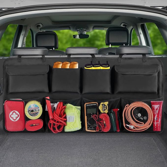 Car Backseat Hanging Trunk Organizer Extra-Long, 30% More Storage, 8 Large Pockets Car Storage Bag for SUV, Truck, Van – Super Capacity SUV Hanging Organizer for a Neat & Clutter-Free Space - Black