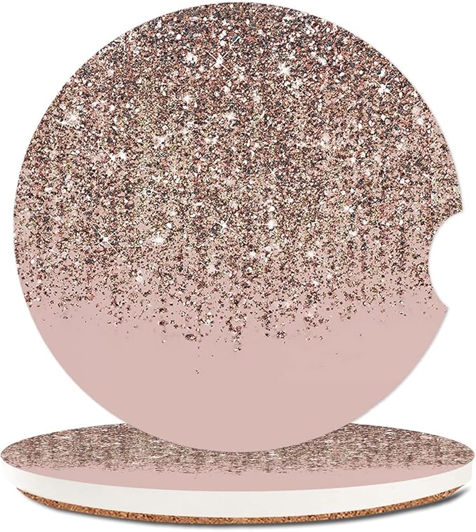 2 Pack Absorbent Car Coasters for Cup Holders,Ceramic Coasters with Cork Back and Finger Slot,Fashion Cupholder Accessories to Keep Your Car Cup Holders Clean and Dry 2.56"(Blush Rose Gold Pattern)