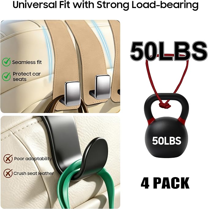 Amooca 4 Pack Car Headrest Hooks, Premium Suede with Metal Hook Car Seat Back Storage Hanger for Purses, Handbags，Grocery Bags - Beige