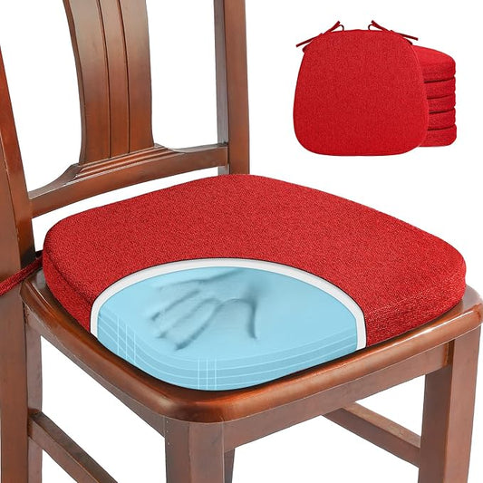 SINOSSO 6 Pack Memory Foam Chair Cushions for Dining Chairs, Friendly Woven Fabric 16" U-Shape Comfortable Kitchen Chair Pads, Removable Slip Resistant Seat Cushions (Set of 6, Red)