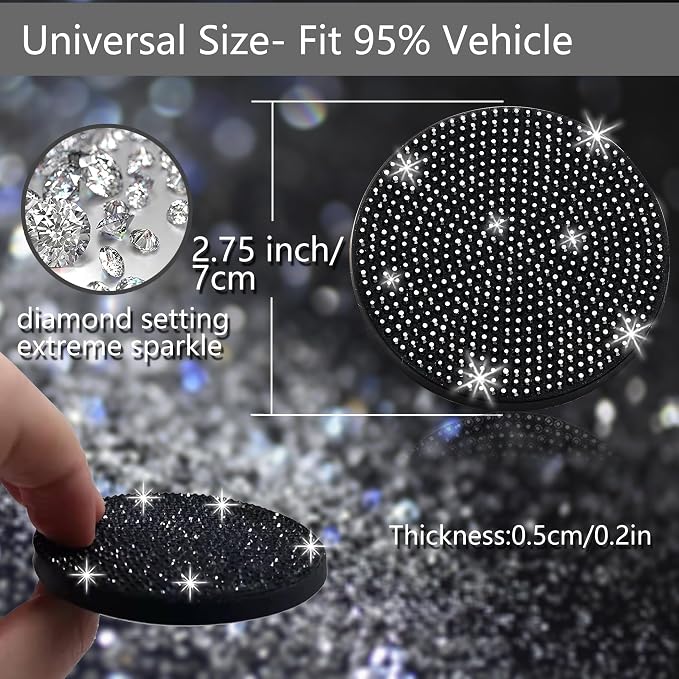 NBTEPEM 2pcs Bling Car Cup Holder Coaster, 2.75 inch Anti-Slip Shockproof Universal Fashion Car Coasters Insert Bling Crystal Rhinestone Automotive Interior Accessories for Women (2 pcs, Black)
