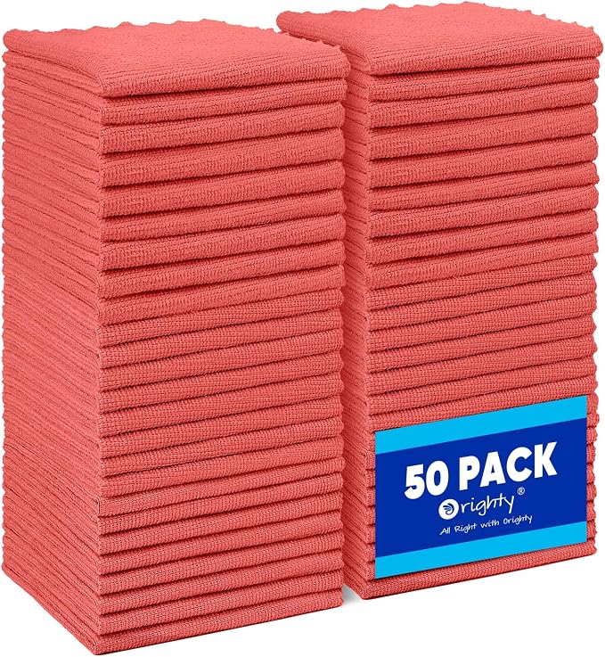 Orighty Microfiber Cleaning Cloth Bulk, 50 Pack Shop Towels 12x12 Inch, Red | Reusable Microfiber Towels for Cars, Shop Rags, Multi-Purpose Lint Free Cleaning Rags for Home & Kitchen
