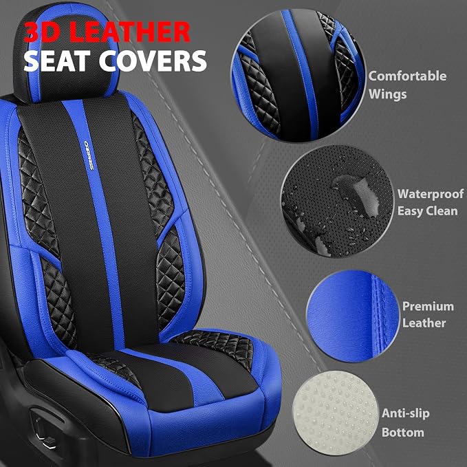 CAR PASS Nappa PU Leather Car Seat Covers Full Set Waterproof Protector Durable Cushioned,Universal Fit for Sedan SUV Pick-up Truck,Automotive, Anti-Slip and Backseat Luxury Premium(Black and Blue)