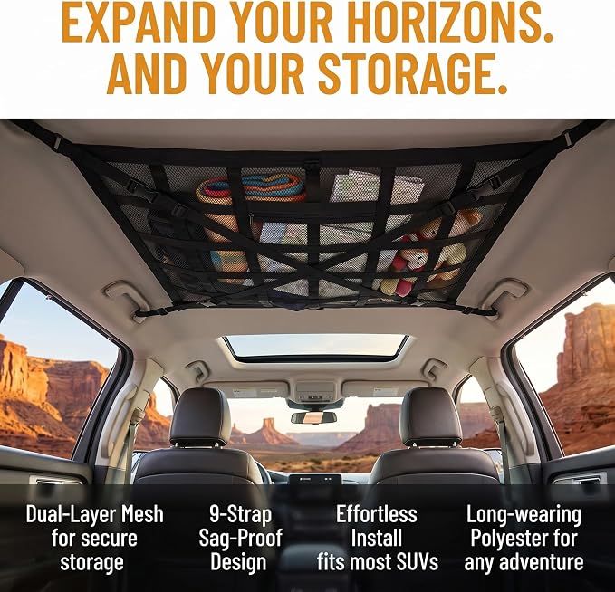 1 PC Car Ceiling Cargo Net Pocket, 31.5" x 21.6" Double-layer Roof Storage Organizer, Heavy Duty Overhead Mesh Net with Buckle Fasteners, Universal for Most Cars, Trucks, SUVs (Black)