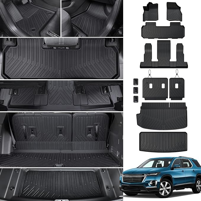 Floor Mat Cargo Mats for 2018-2022 2023 Chevrolet Chevy Traverse 7 Seats Car Mat Accessories, All Weather TPE Backrest and Lower Trunk Cargo Liner (18-23 7 Seats Set)