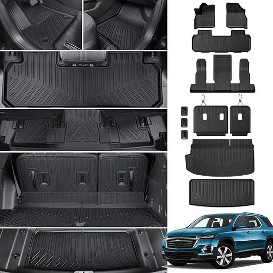 Floor Mat Cargo Mats for 2018-2022 2023 Chevrolet Chevy Traverse 7 Seats Car Mat Accessories, All Weather TPE Backrest and Lower Trunk Cargo Liner (18-23 7 Seats Set)