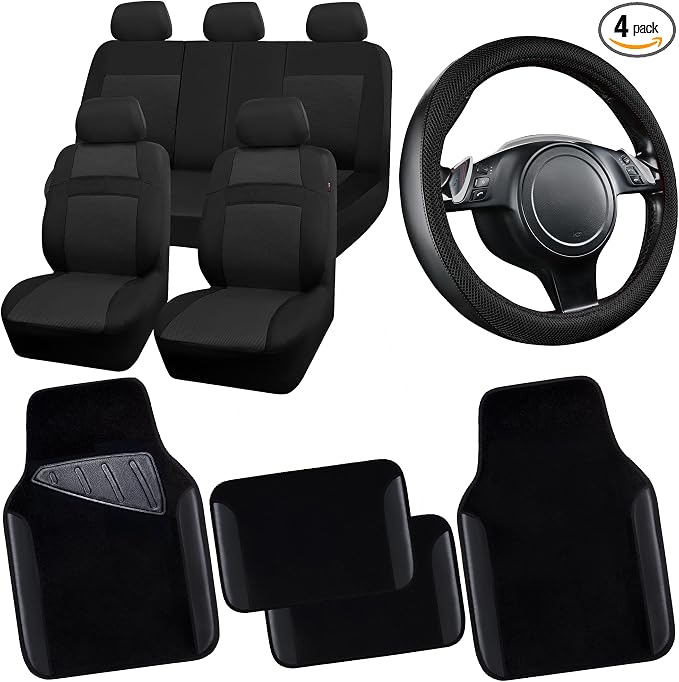 CAR PASS 3D Air Mesh Car Seat Covers Full Sets w/5mm Sponge, 4Pcs Waterproof Car Floor Mats, Steering Wheel Cover Universal Fit for SUV Sedan Truck, Airbag Compatible Automotive Interior(Black)