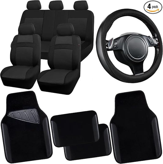 CAR PASS 3D Air Mesh Car Seat Covers Full Sets w/5mm Sponge, 4Pcs Waterproof Car Floor Mats, Steering Wheel Cover Universal Fit for SUV Sedan Truck, Airbag Compatible Automotive Interior(Black)