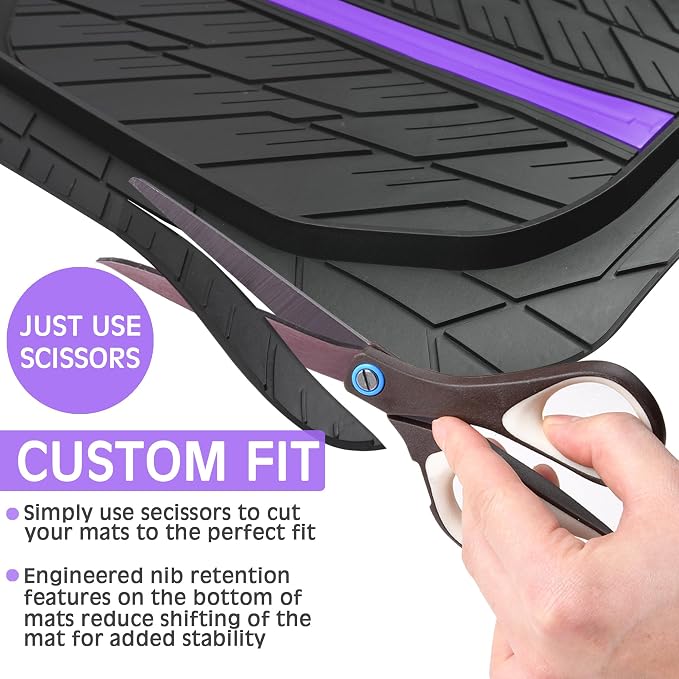 CAR PASS Tire Tread DeepDish Rubber Floor Mats for car Heavy Duty car mats All Weather, Universal XL~M Trim to Fit for Truck SUV Vehicle Automotive, Waterproof car mats 3 Piece (Purple Black)