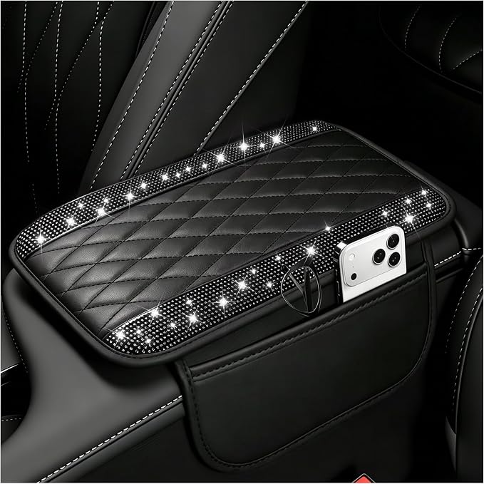 Stacool Upgraded Car Center Console Cover with Rhinestones,Microfiber Leather Car Armrest Cover Cushion with 2 Storage Bags,Universal Cars Armrest Storage Box as Cars Interior Accessories