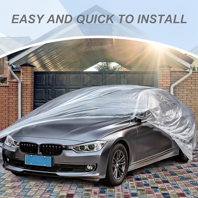 BBTO 2 Pack Universal Plastic Car Cover with Elastic Band Disposable Clear Car Covers Bulk 12.5 x 21.6 ft Waterproof Dustproof Full Exterior Protector for Sedan Outdoor Snow Rain Weather
