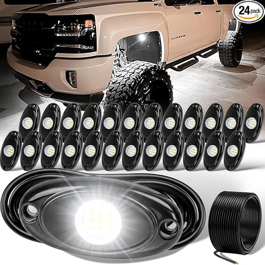 YONEDA 24 Pods White Rock Lights 6000K 9LED Bright LED Underglow Lights IP68 Waterproof for Trucks SUV UTV ATV RZR Car Boats Pickup Motorcycle with 39.37ft Extension Wire