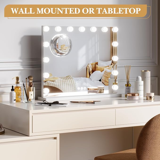 GAOMON Vanity Mirror with Lights, Lighted Mirror with 15 Dimmable LED Bulbs, Makeup Mirror with 3X Magnification, 3 Colors Modes,Touch Control, Metal Frame,White