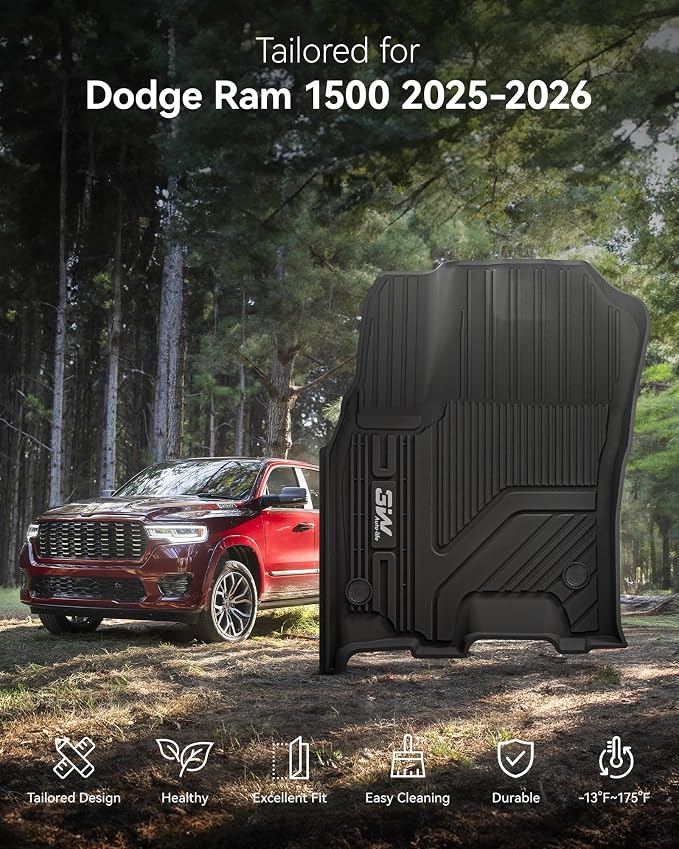 3W Floor Mats Fit for Dodge Ram 1500 Crew Cab 2025-2026(with Rear Under-Seat Factory Storage Bucket Seat), TPE All Weather Custom Fit Floor Liner for Ram 1500 Accessories Car Mats, Black