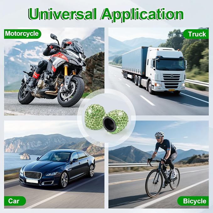 JUSTTOP 4 Pack Handmade Crystal Rhinestone Car Tire Valve Stem Caps, Universal for Cars, Trucks and Motorcycles - Green