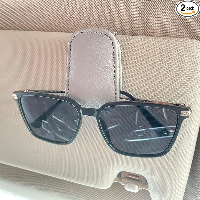 KIWEN Sunglasses Holders for Car Sun Visor, Magnetic Leather Sunglass Glasses Eyeglass Clip for Car (2, Gray)
