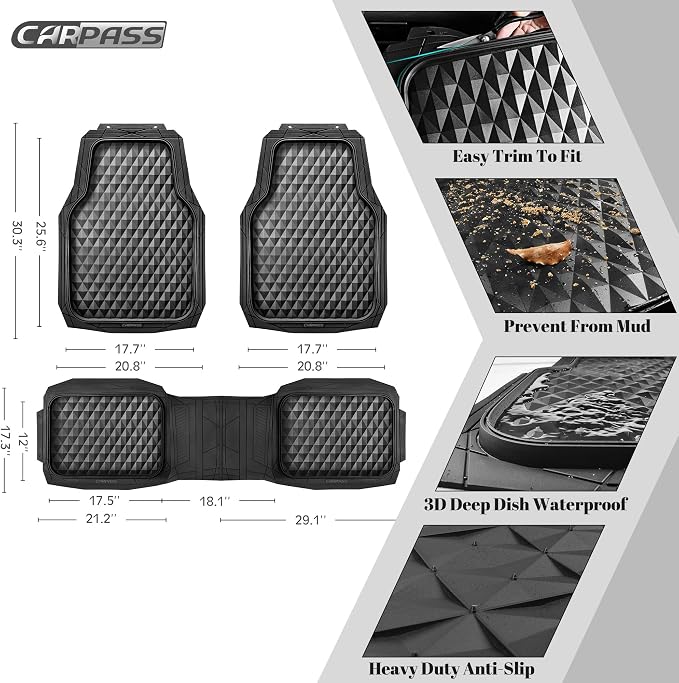 CAR PASS 3 Row Heavy Duty Rubber Car Mats, Deep-Dish All-Weather for 7 Seats 8 Seater 2nd & 3rd Floor Mats Waterproof Universal Trim Fit Liner Van,SUV,7 Passengers Vehicle,Automotive 3D Rhombus Black