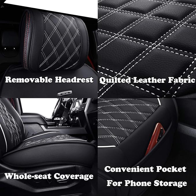 Aierxuan Front Car Seat Covers Custom Fit 2009-2026 Ford F150, 2017-2026 F250 F350 F450 Super Duty Crew Cab Regular Cab Super Cab, Automotive Vehicle Cushion with Waterproof Leather (Black and White)
