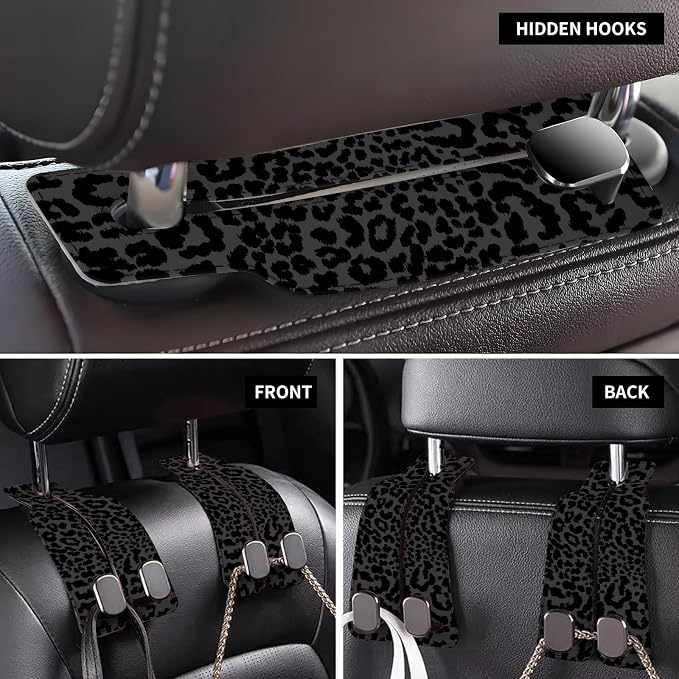 Car Seat Back Storage Headrest Hook, Premium Leather Double Metal Hook, Hanger Storage Organizer for Purse Cloth Bag, Car Interior Accessories Luxury Black Leopard