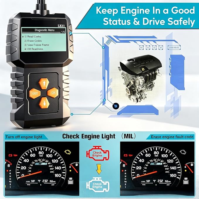 OBD2 Scanner Ease Setup Plug-Play: Clear Reset Engine Error Code Professional Code Reader Diagnostic Scan Tools with Freeze Frame/I/M Readiness for Cars Since 1996 & Newer - LK11