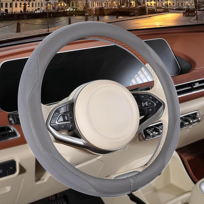 Nappa Leather Ice Silk Fabric Grey Steering Wheel Cover | Non-Slip Breathable Soft Car Accessories, Warm in Winter and Cool in Summer, Small 13.5 inch to 14 inch for Prius Golf Cart