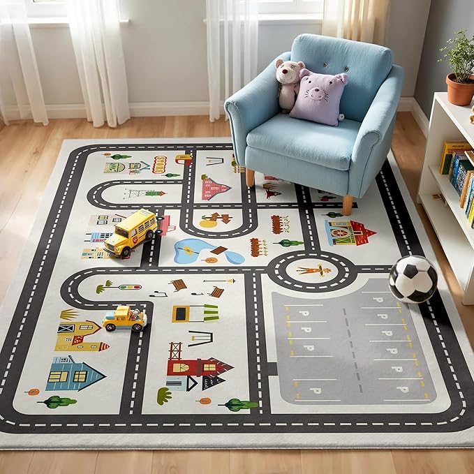 Nayoroom Kids Town Road Playroom Rug, Faux Wool Car Map, Non-Slip, 5 x 7 ft | Interactive town road map; Community scenes; Soft faux wool surface; Non-slip backing; Easy-care room accent