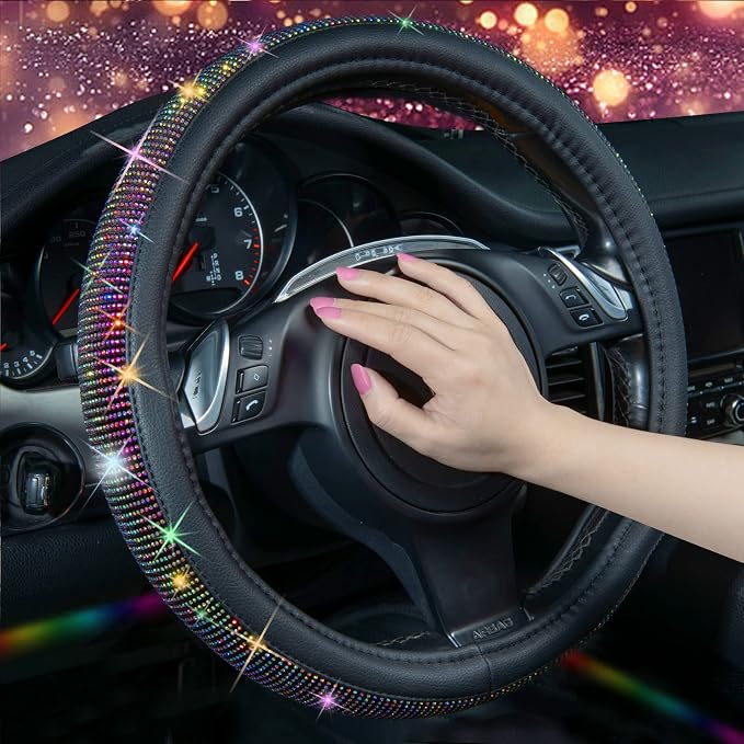 CAR PASS Bling Diamond Leather Steering Wheel Cover, with Bling Sparkly Crystal Glitter Rhinestones Universal Fit 13"1/2-14" Car Wheel Protector for Women Girl Fit Suvs,Vans,Sedans,Trucks, Multicolor