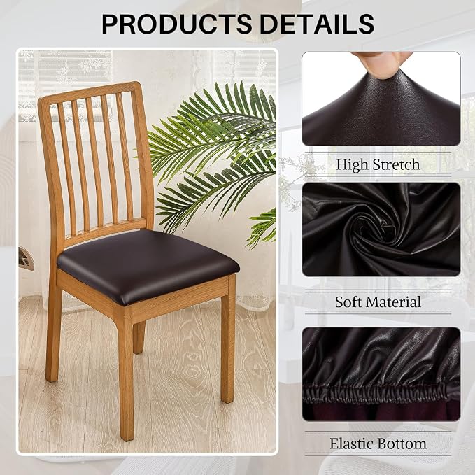 SearchI Waterproof PU Leather Seat Covers for Dining Chairs, 4 Pack Stretch Dining Room Chair Seat Covers, Kitchen Chair Seat Covers Protectors (Deep Brown)