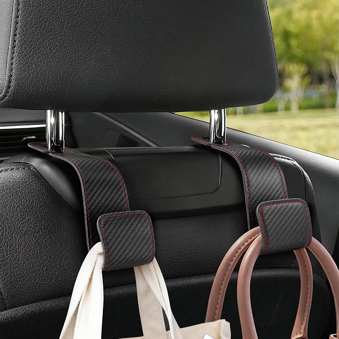 Leather Car headrest hook for purses and bags (Black Carbon fiber, 2pcs) | Leather wrap hook with Larger strap holder, friendly to your leather purse. Strong load up to 44lbs.