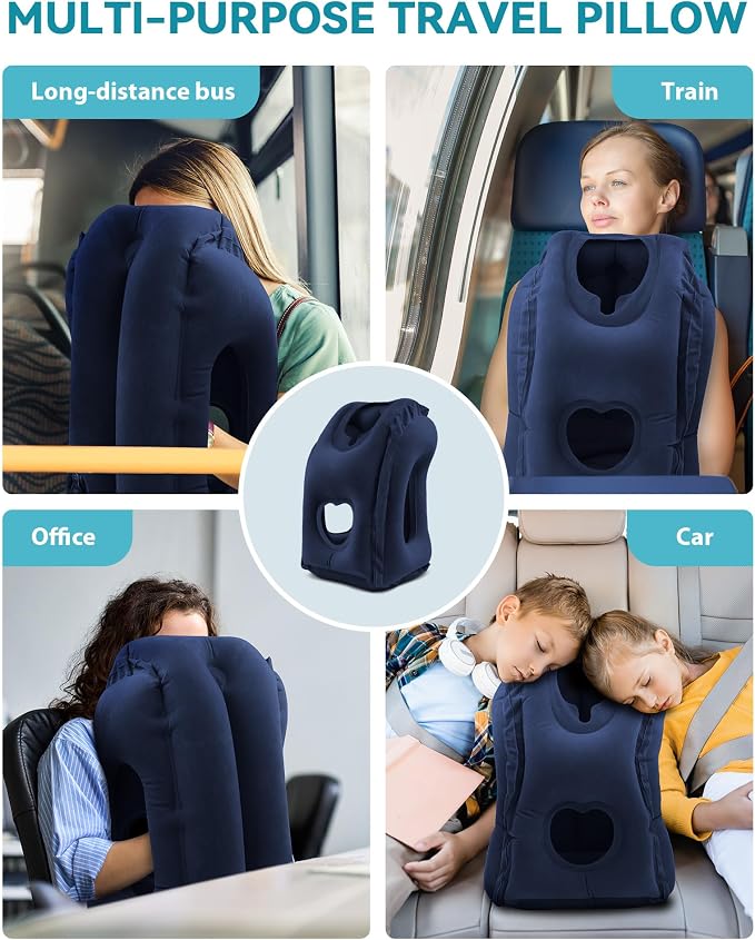 Inflatable Travel Pillow, Airplane Neck Pillow Comfortably Supports Head and Chin for Airplanes, Trains, Cars and Office Napping with 3D Eye Mask, Earplugs and Portable Drawstring Bag (Blue)