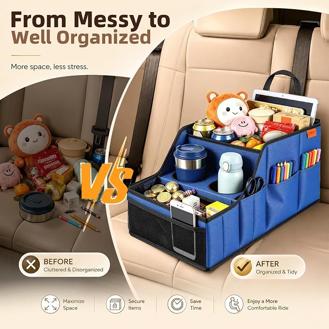 Car Seat Organizer Back Front Captains Seats Storage Travel | Car Organizer, Back Seat Car Organizer, Car Seat Organizer Front Seat – 9 Compartments, 2 Cup Holders – Foldable