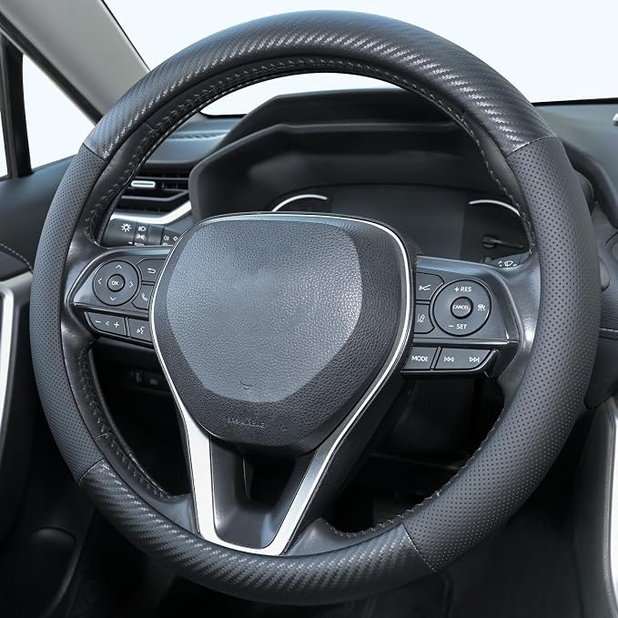Uxcer Carbon Fiber Leather Steering Wheel Cover, Universal 14.5–15 Inch Non-Slip Breathable Steering Wheel Cover for Cars, Carbon Fiber