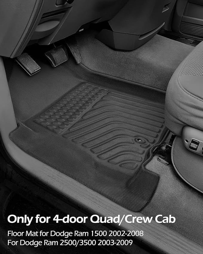 Car Floor Mats for Dodge Ram 1500 2002-2008 Crew Cab (Quad Cab) Ram 2500/3500 2003-2009 Crew Cab All-Weather Carpet Liners Front Rear Liners Custom Rubber Heavy Duty Truck Vehicle Accessories