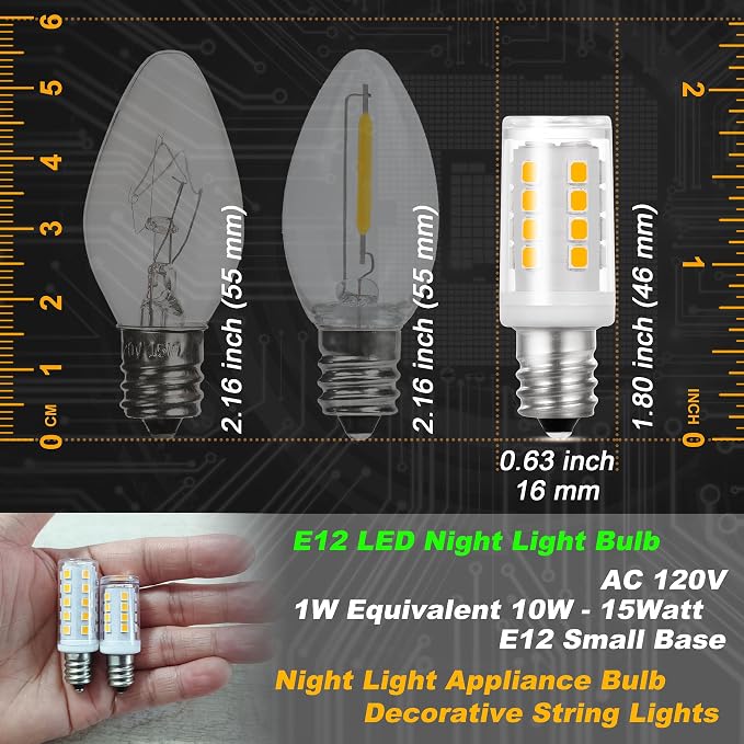 E12 Candelabra Base Night Light Bulb 1W Equivalent 10W 15W 2700K, 4 Pack | Warm White, AC120V, 150lm, C7 E12 Small Bulbs for Himalayan Salt Lamp Appliance Bulb Decorative String Lights, Non-dimmable