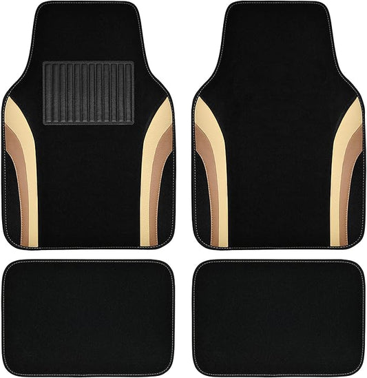 CAR PASS Beige Leather Car Floor Mats, Sporty Waterproof Car Carpet,Universal Automotive Floor Mats Fit for Sedans, Cars, Mid Trucks, Vans, SUV, Set of 4 (Black and Beige)