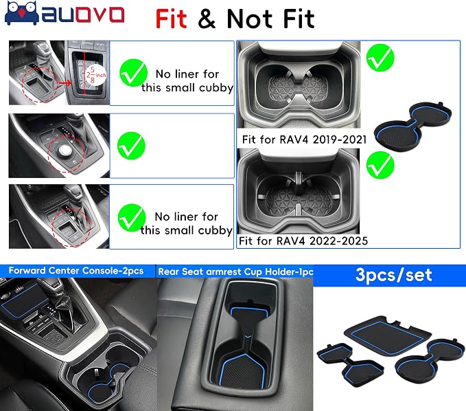 Auovo 3D Cup Holder Insert Liners Compatible with Toyota RAV4 Accessories 2025 2024 2023 2022 2021 2020 2019 Car Custom Cup Holder Mats Pads 3-pc Set (Blue Trim)