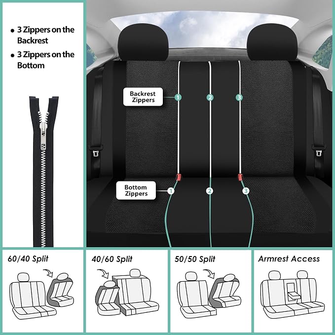 FH Group Car Seat Covers Sports Fabric Three Row Set Black Automotive Seat Covers, Airbag and Split Rear Car Seat Cover Universal Fit Interior Accessories for Cars Trucks and SUV Car Accessories